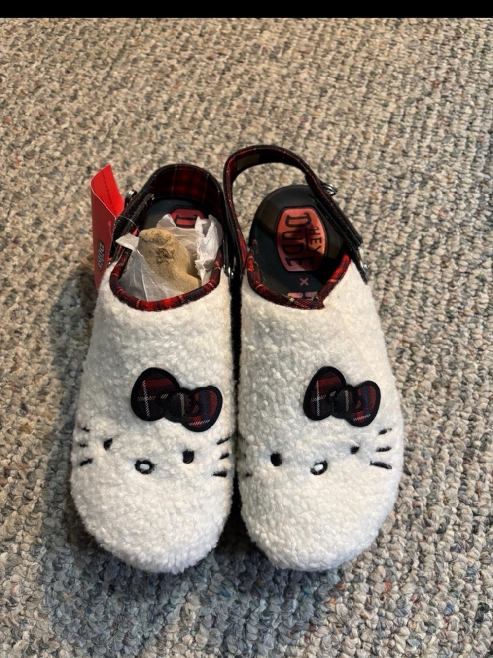 Hey Dude White Plush Hello Kitty Clog Mules with Red Plaid Accents